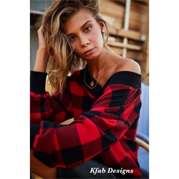 ❤️LAST! French Terry V Neck Contrast Band Soft Plaid Top! - Picture 7 of 10